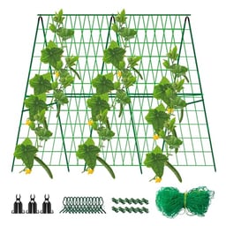 48 x 48 Inch Foldable Cucumber Trellis for Raised Bed- A-Frame Garden Trellis for Climbing Plant Outdoor with Climbing Net and Plant Support Clip for Outdoor Plants Zucchini Vegetables Tomato Flowers image