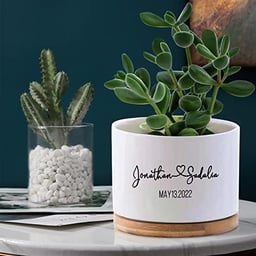 Custom Ceramic Flower Plant Pots with Couple Names and Date Personalized Succulent Pots for Plants, Customized Wedding Anniversary Love Gifts for Wife Husband Boyfriend Girlfriend image