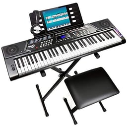 RockJam 61 Key Keyboard Piano Stand With Pitch Bend Kit, Piano Bench, Headphones, Simply Piano App & Keynote Stickers image