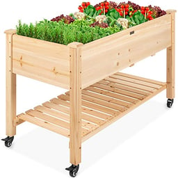 Best Choice Products Raised Garden Bed 48x24x32-inch Mobile Elevated Wood Planter w/Lockable Wheels, Storage Shelf, Protective Liner - Natural image