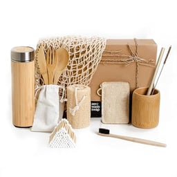 Zero Waste Starter Kit | Sustainable Gifts | Bamboo Stainless Steel Thermos | Mesh Bag | Eco-Friendly Gift Set | Reusable & Biodegradable Environmental Home Kitchen Products | Low Waste Packaging image