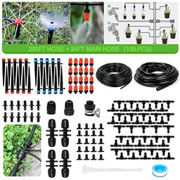 MIXC 226FT Greenhouse Micro Drip Irrigation Kit Automatic Irrigation System Patio Misting Plant Watering System with 1/4 inch 1/2 inch Irrigation Tubing Hose Adjustable Nozzle Emitters Barbed Fittings image